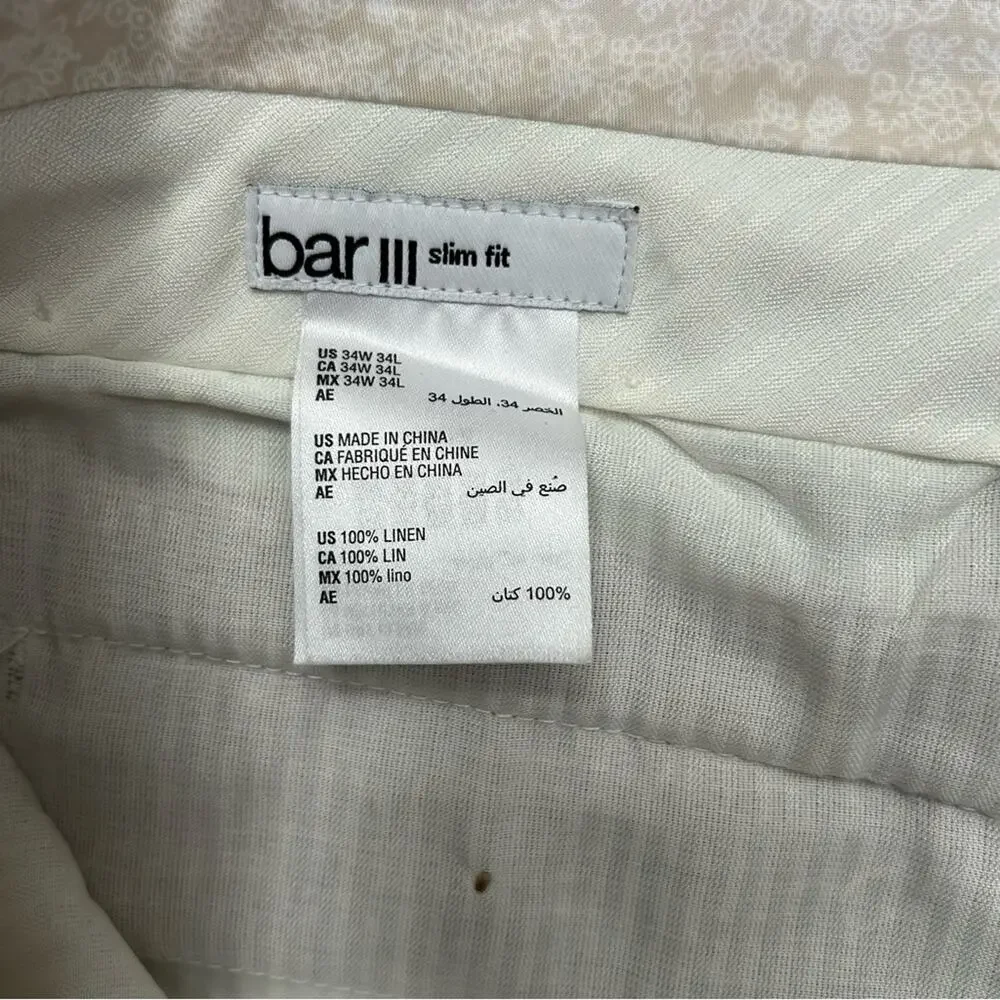 Bar III Men's 100% Linen Tan Pinstripe Pants, Size 42L
